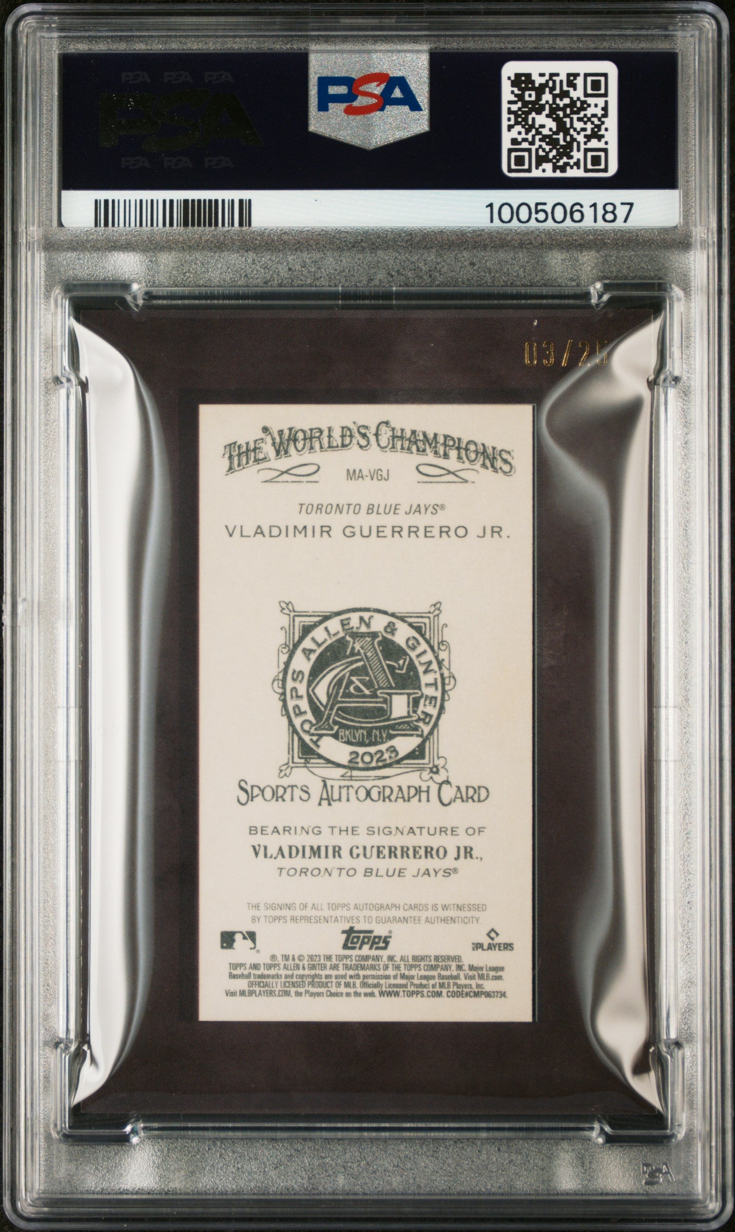 2023 Topps Allen & Ginter Mini Auto Vladimir Guerrero JR. #MAVGJ Black Frame PSA