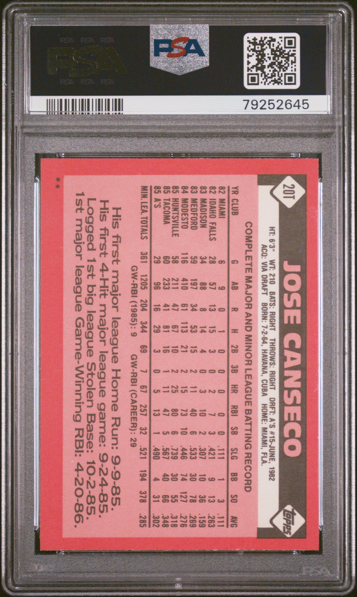 1986 Topps Traded Jose Canseco #20T PSA 8