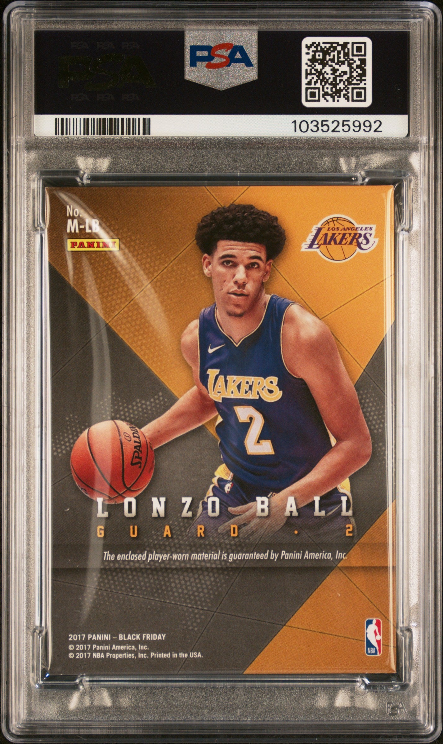 2017 Panini Black Friday Memorabilia Lonzo Ball #M-LB Hyperplaid 1/1 PSA A
