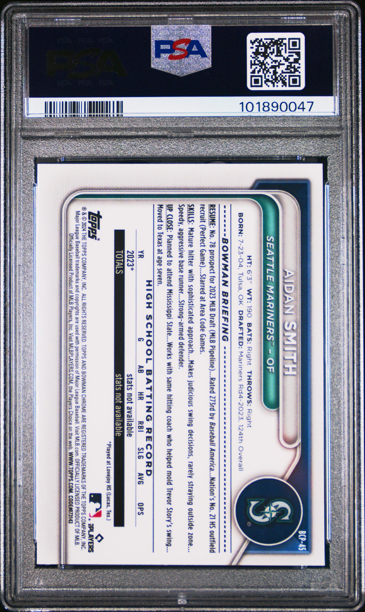2024 Bowman Sapphire Edition Chrome Prospects Aidan Smith #BCP45 PSA 9