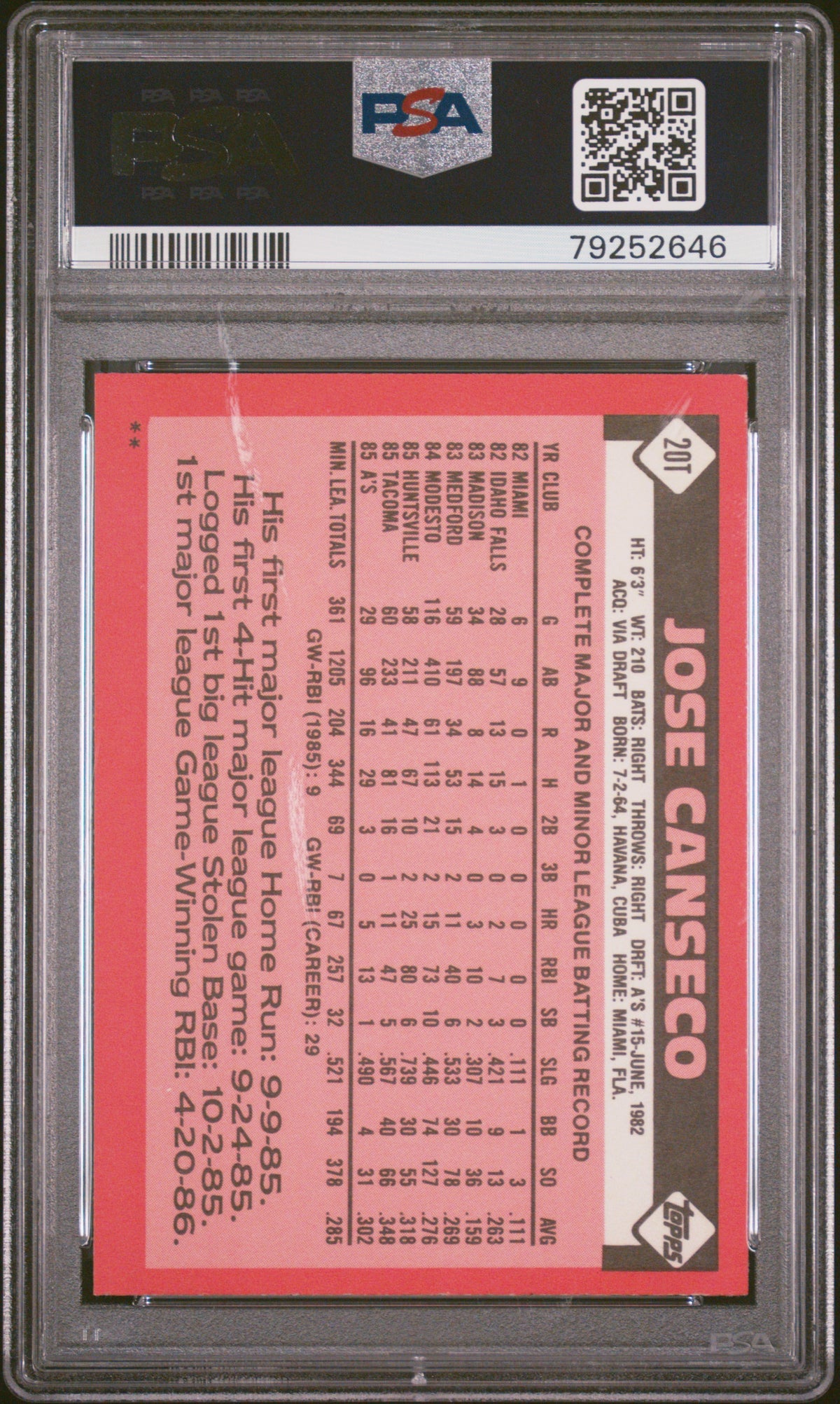 1986 Topps Traded Jose Canseco #20T PSA 8
