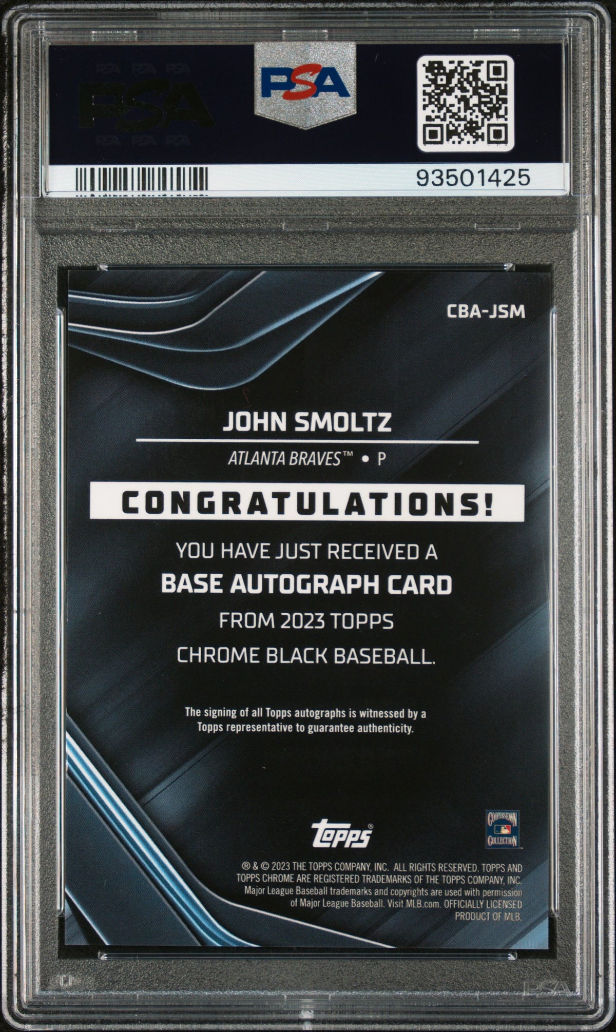 2023 Topps Chrome Black Autographs John Smoltz #JSM Green Refractor 11/99 PSA 10