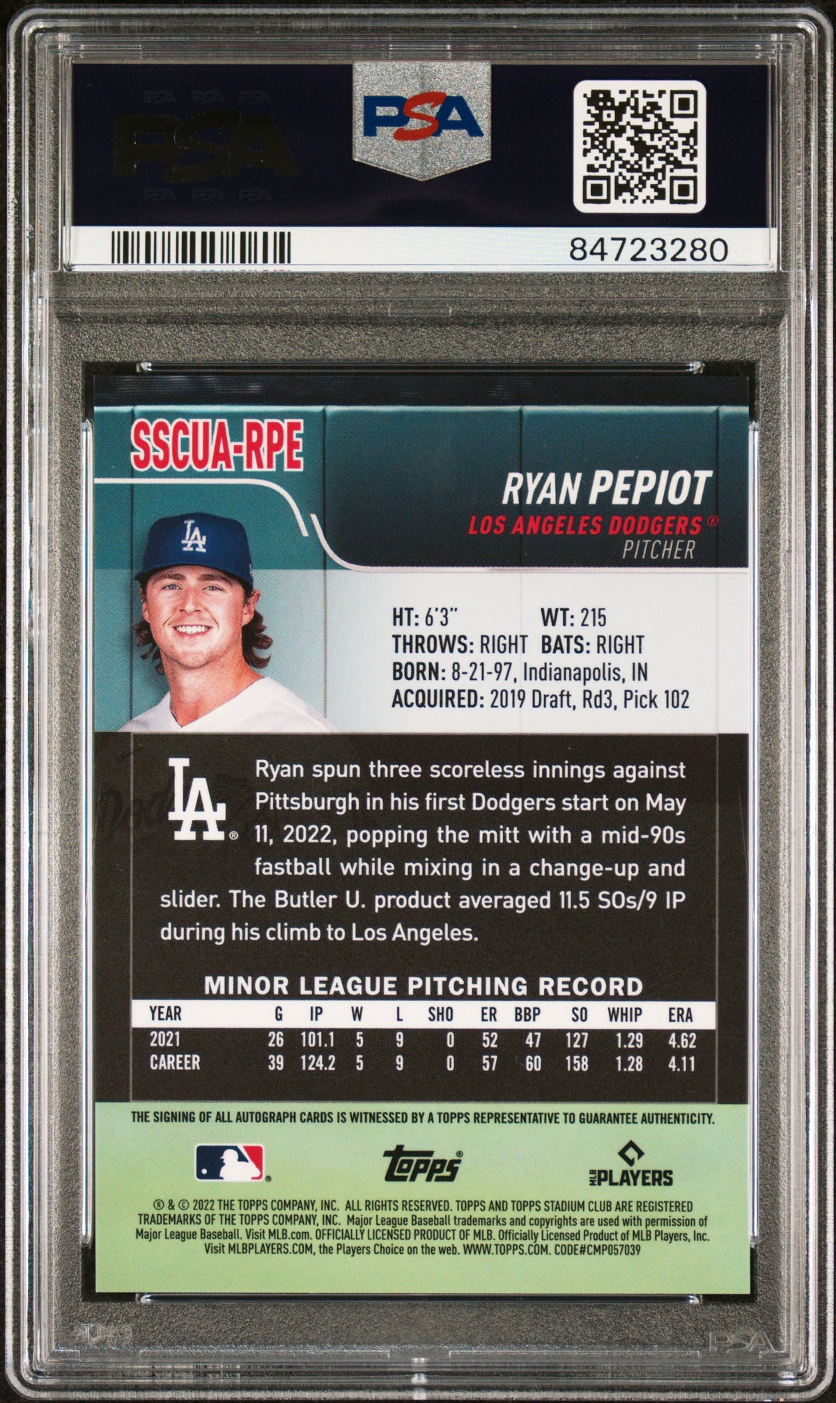 2022 Topps Stadium Club Chrome Autographs Ryan Pepiot #RPE PSA 10