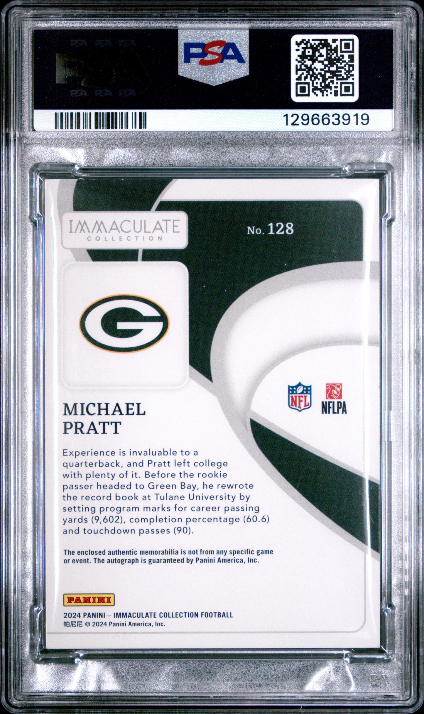 2024 Panini Immaculate Michael Pratt #128 Patch Auto Platinum 1/1 PSA 9