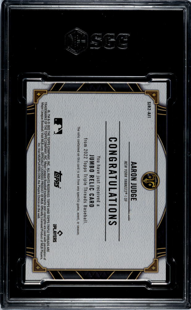2022 Topps Triple Threads Aaron Judge #SJR2-AJ1 Single Jumbo Relic Emerald SGC 9