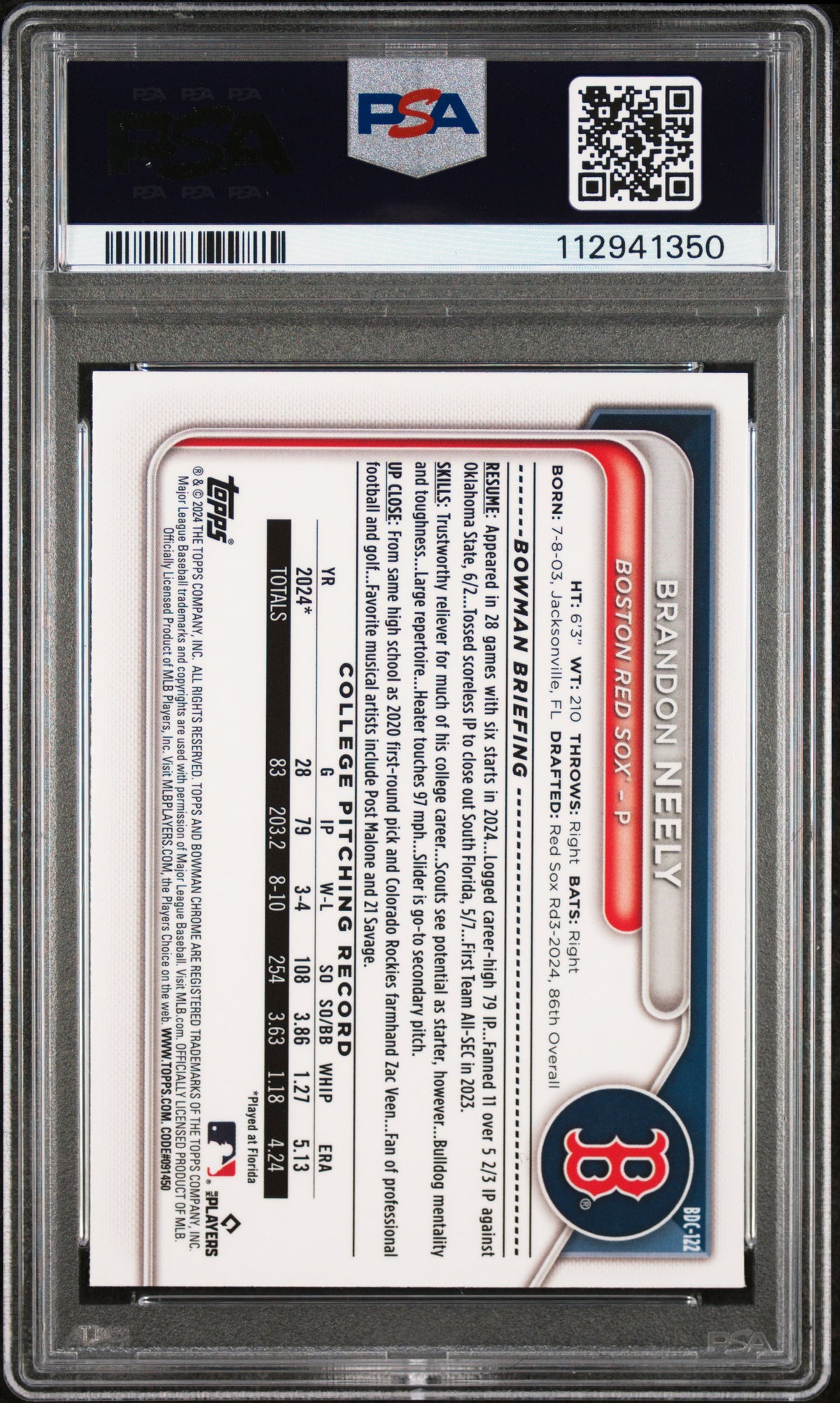 2024 Bowman Draft Brandon Neely #BDC122 Chrome Fuchsia Lunar Ref 113/199 PSA 9