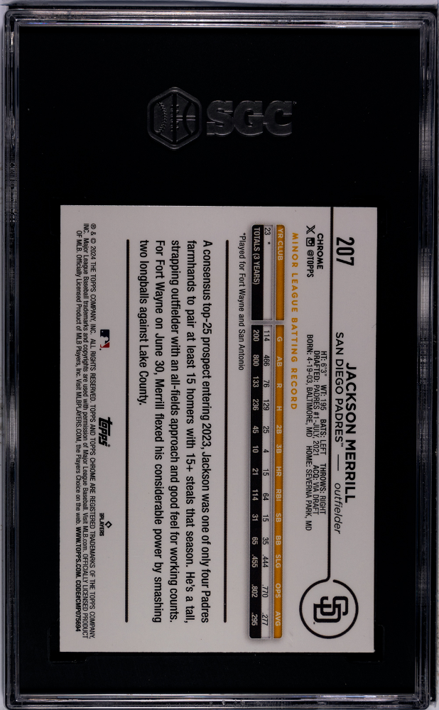 2024 Topps Chrome Jackson Merrill #207 Purple Speckle Refractor SGC 5