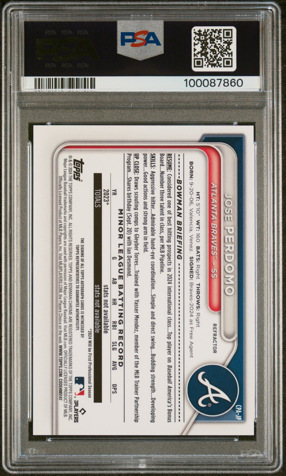 2024 Bowman Chrome Prospect Autographs Jose Perdomo #CPAJP Refractor/499 PSA 10