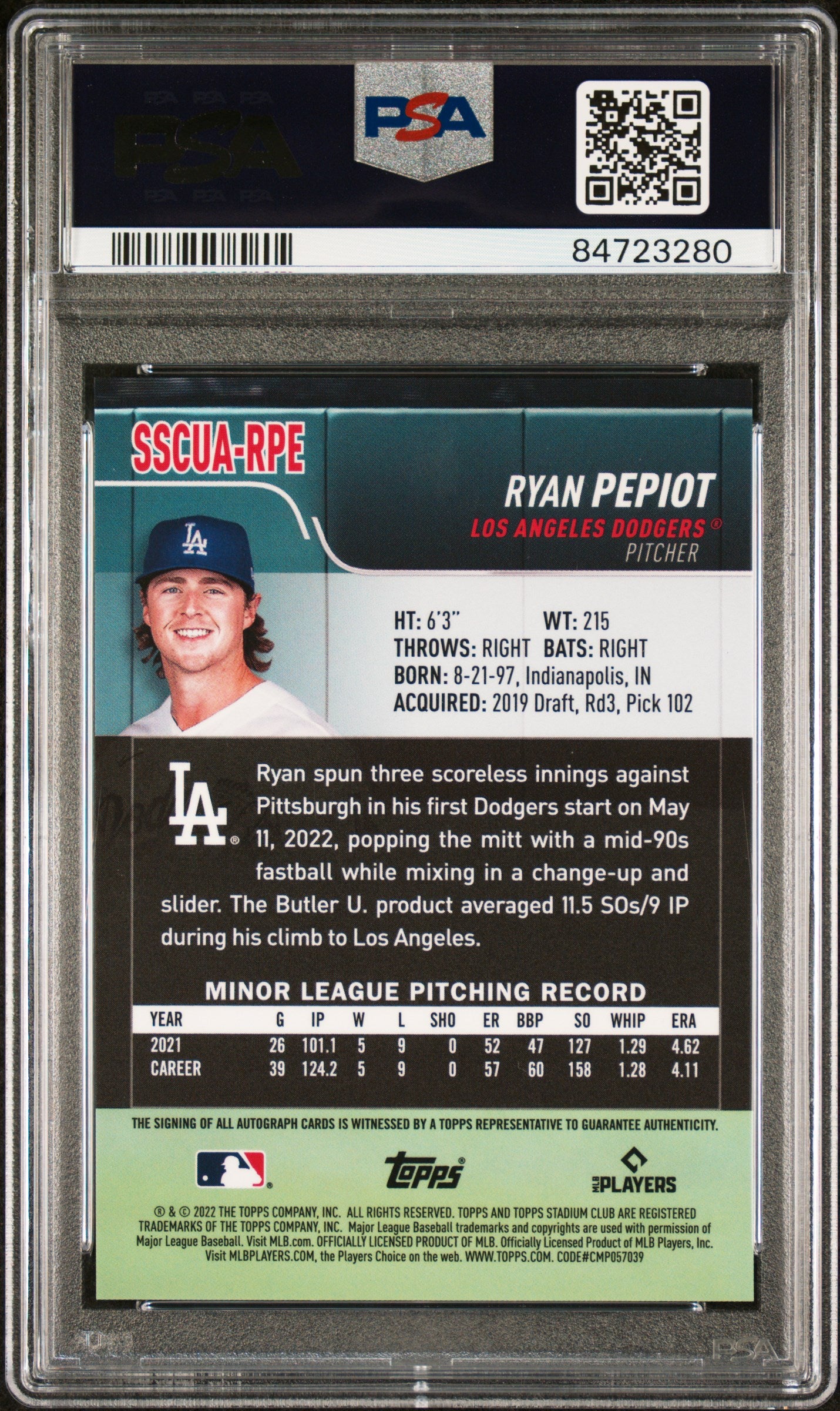 2022 Topps Stadium Club Chrome Autographs Ryan Pepiot #RPE PSA 10