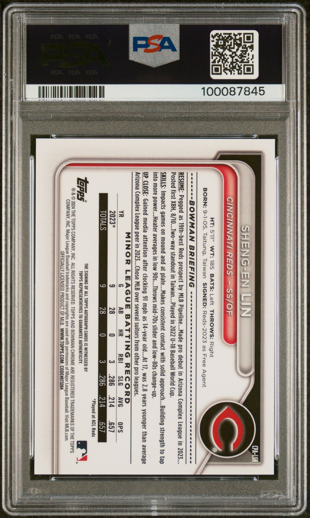 2024 Bowman Chrome Prospect Autographs Sheng-EN Lin #CPALSH PSA 9