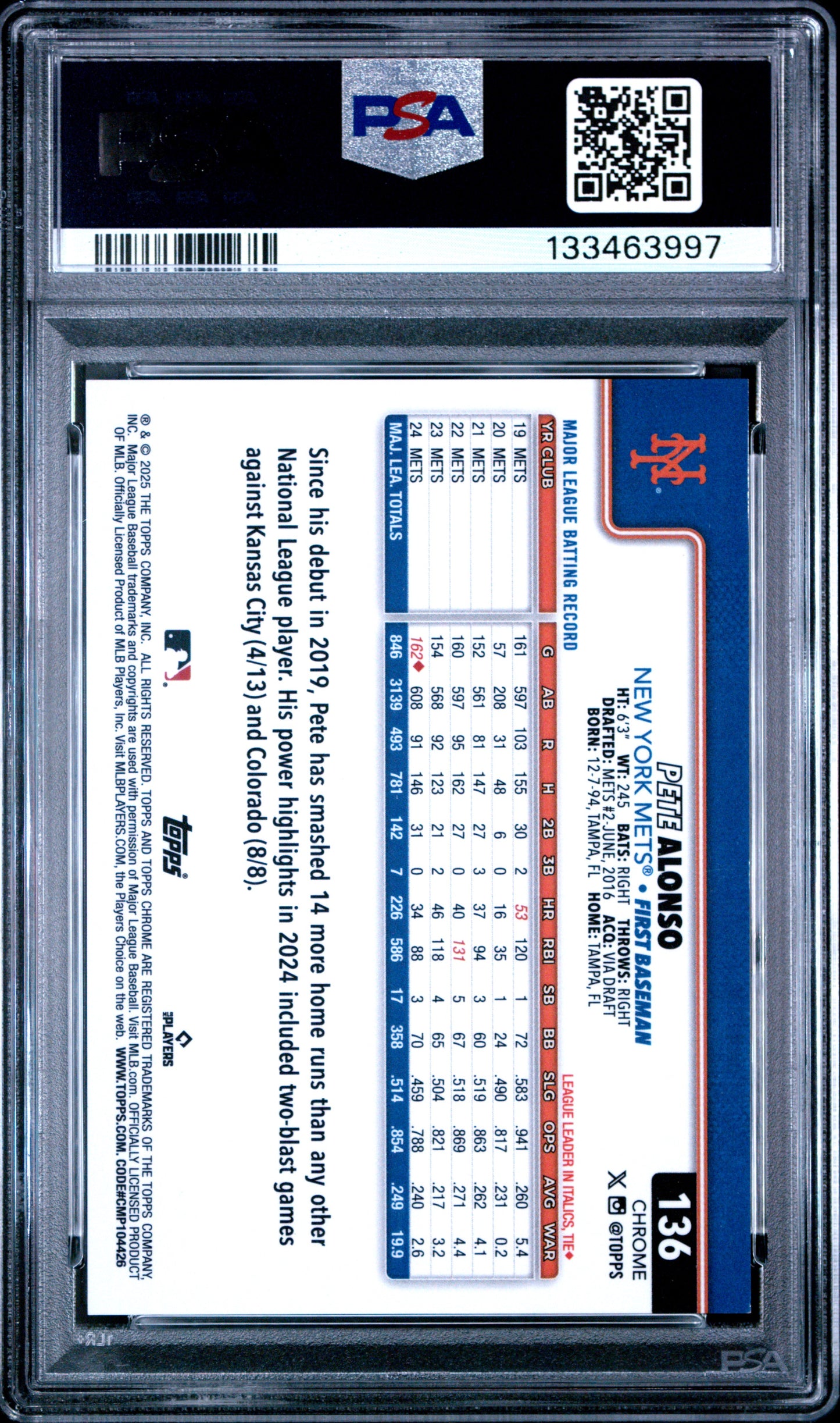 2025 Topps Chrome Pete Alonso #136 Gold Wave PSA 9