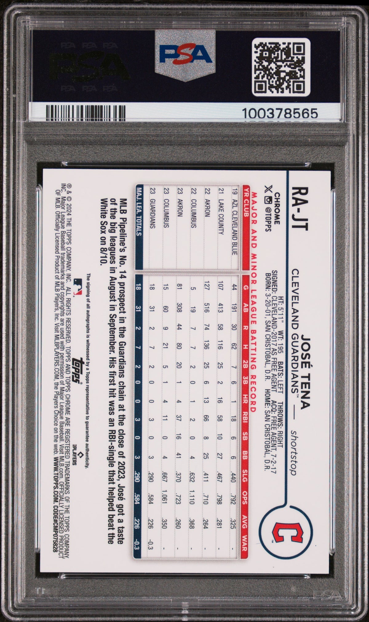 2024 Topps Chrome Rookie Autographs Jose Tena #RAJT Gold Wave 01/50 PSA 10