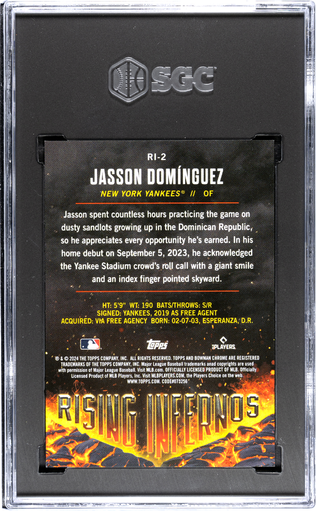 2024 Bowman Jasson Dominguez #RI-2 Rising Infernos Orange Refractor SGC 9.5
