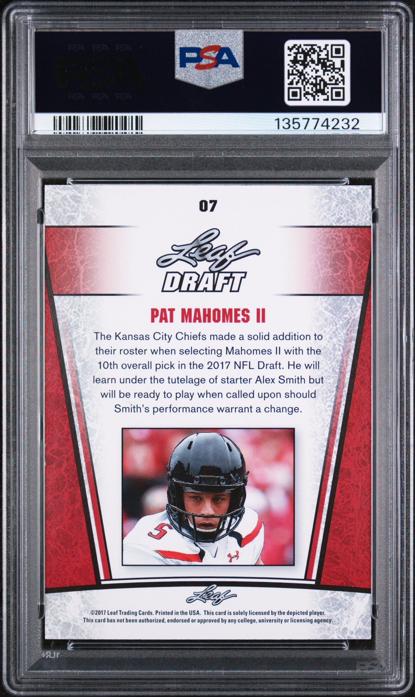2017 Leaf Special Release Draft Silver Pat Mahomes II #07 SP. Release PSA 8