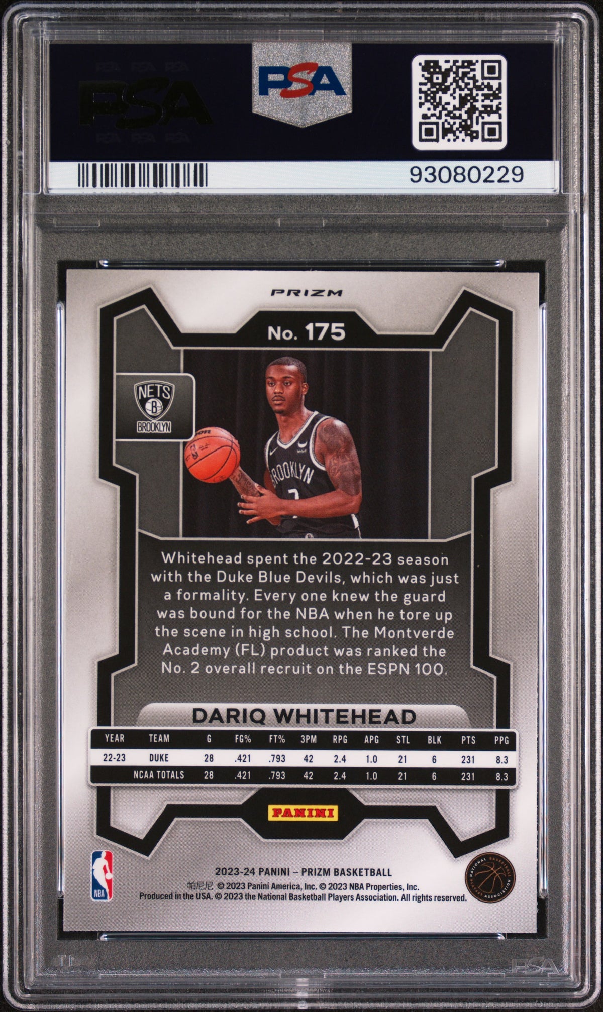 2023 Panini Prizm Dariq Whitehead #175 Red Ice PSA 8