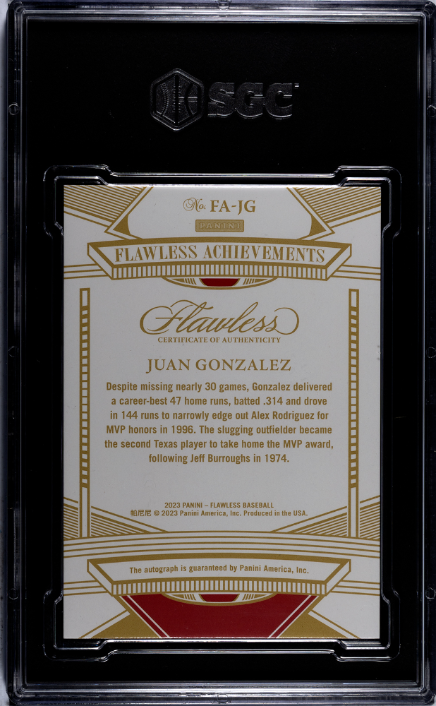 2023 Panini Flawless Juan Gonzalez #FA-JG Achievements Autograph Sapphire SGC 8
