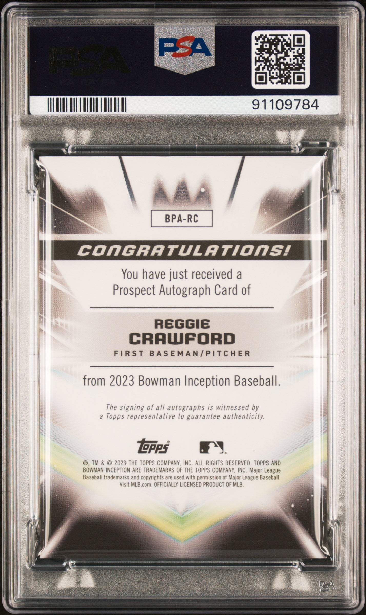2023 Bowman Inception Auto Reggie Crawford #BPARC Gold Foil Electricity/50 PSA 9