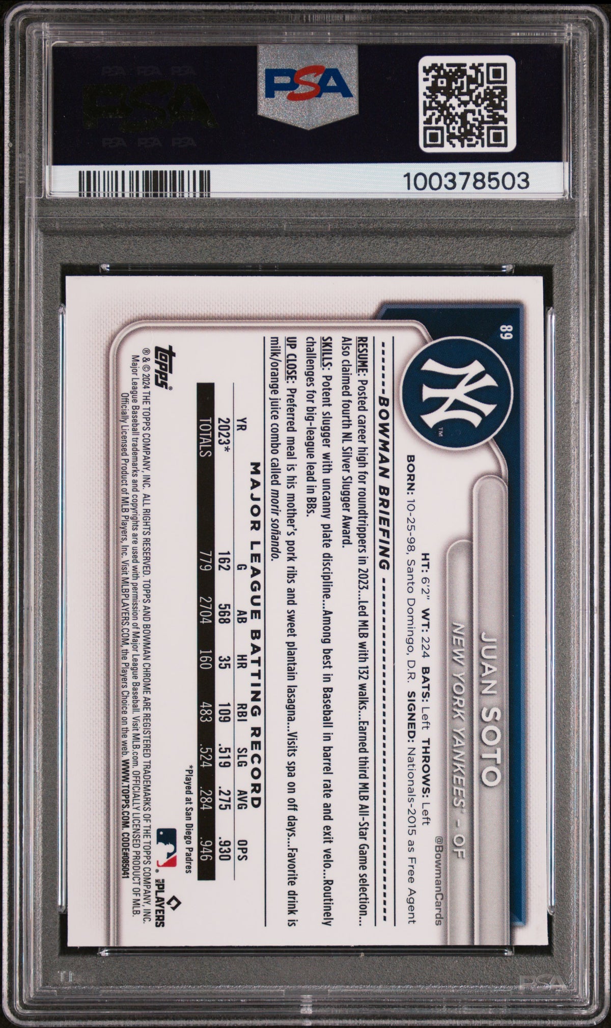 2024 Bowman Chrome Juan Soto #89 Wave Refractor 001/100 PSA 10