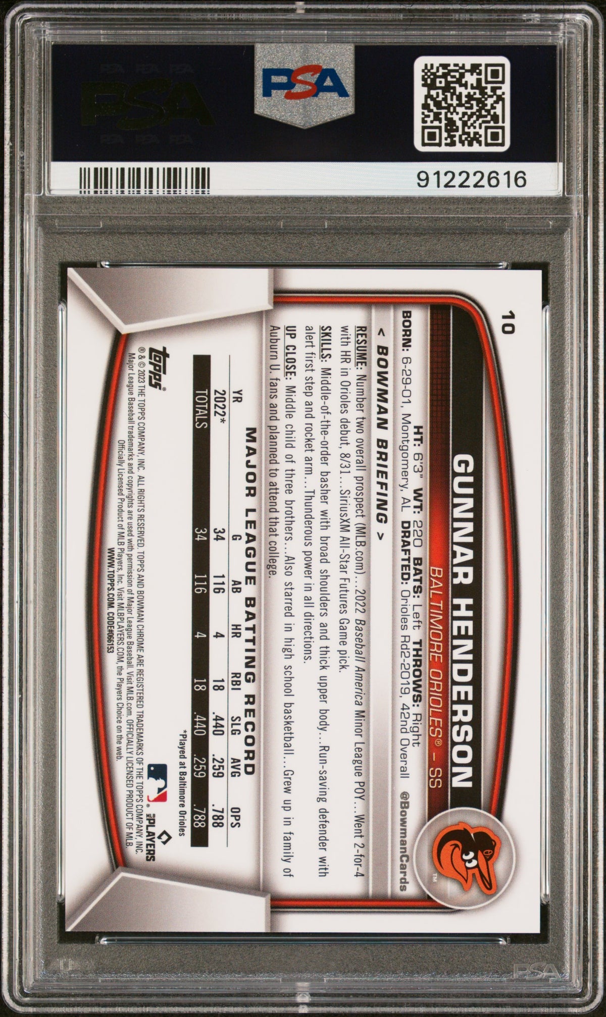 2023 Bowman Chrome Sapphire Edition Gunnar Henderson #10 SP Orange 72/75 PSA 10
