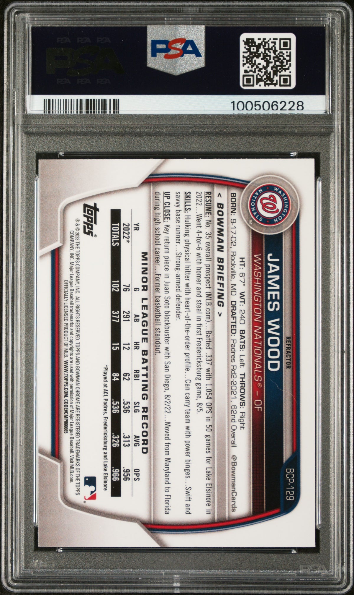 2023 Bowman Chrome Prospects James Wood #BCP129 Lunar Glow Ref PSA 8