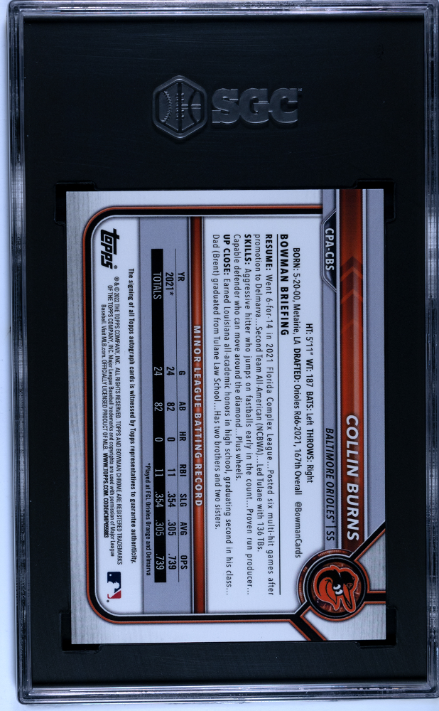 2022 Bowman Chrome Collin Burns #CPA-CBS Autograph SGC 10 Auto 10