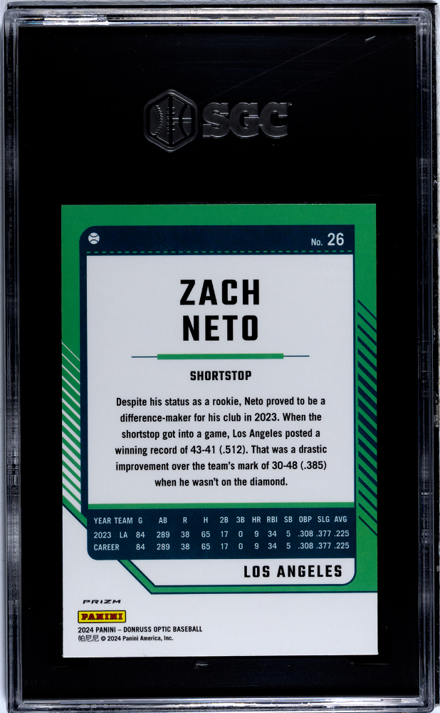 2024 Donruss Zach Neto #26 Optic Orange Velocity Prizm SGC 9.5