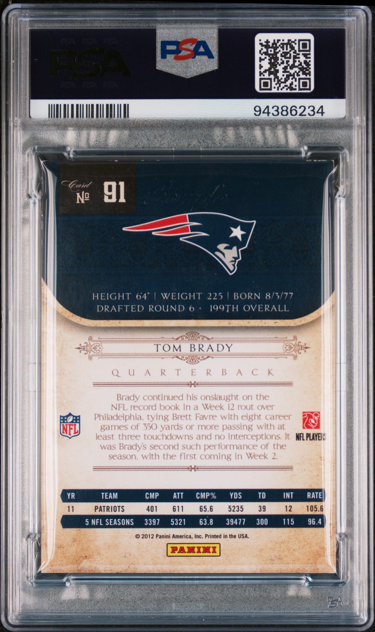 2011 Playoff National Treasures Tom Brady #91 Sample PSA A Auto A