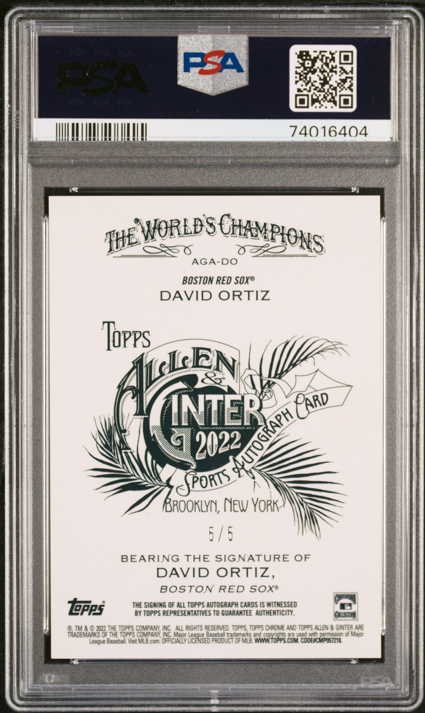 2022 Topps Allen & Ginter Chrome Autographs David Ortiz #DO Red Refractor PSA 8