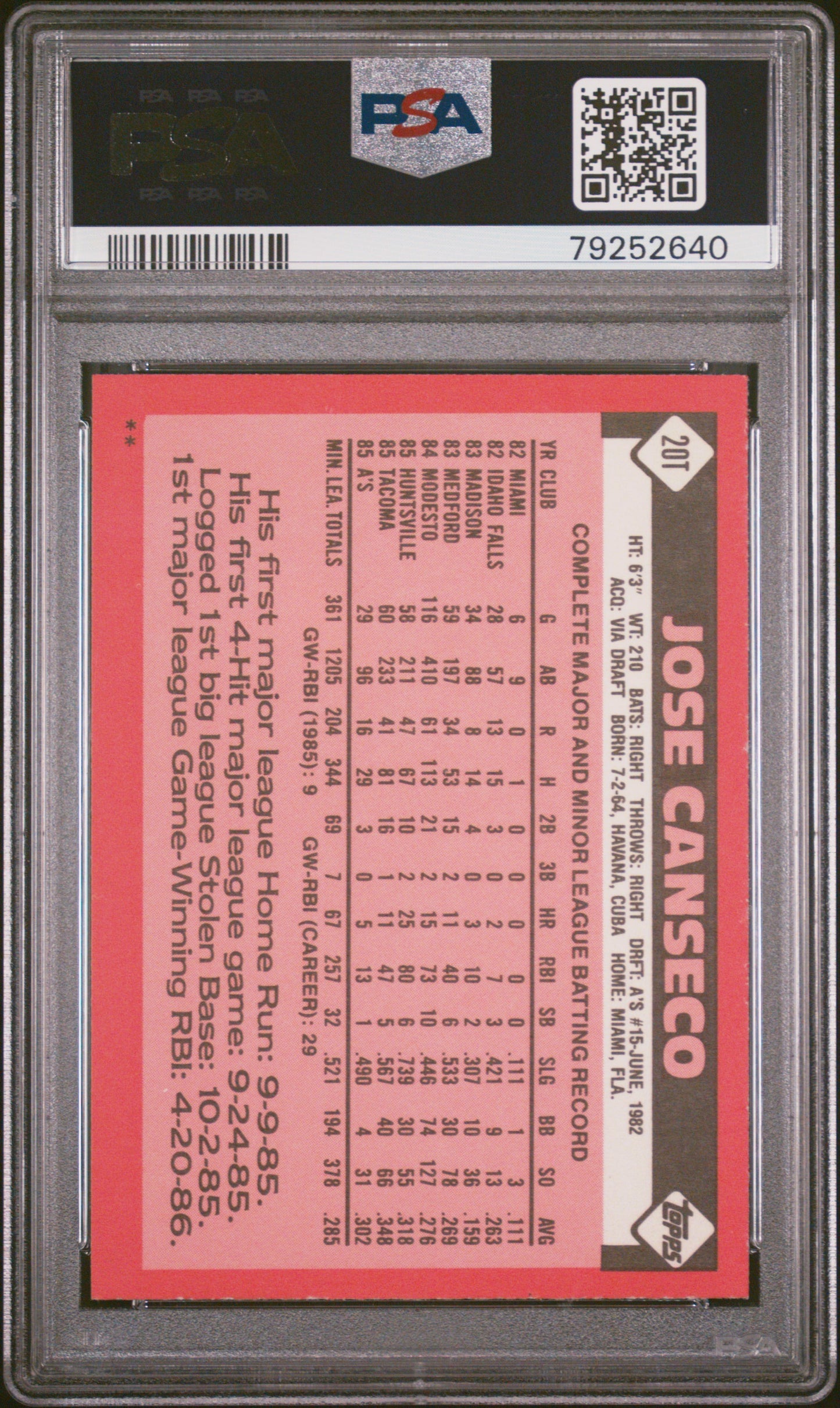 1986 Topps Traded Jose Canseco #20T PSA 8