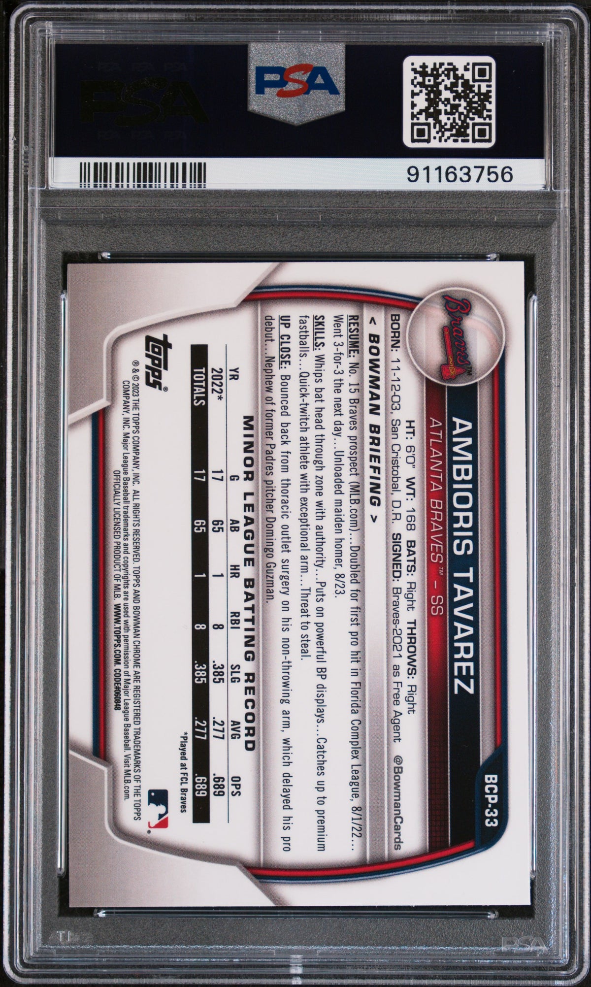 2023 Bowman Sapphire Edition Chrome Prospects Ambioris Tavarez #BCP33 PSA 10