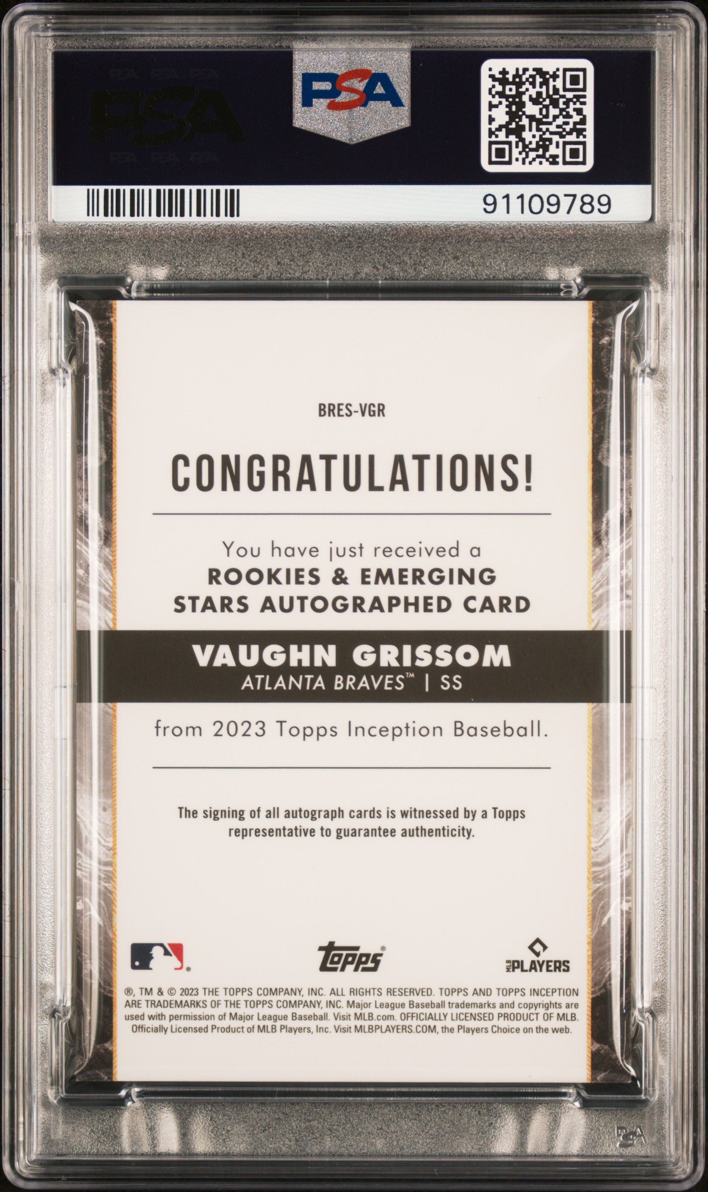 2023 Topps Inception Rookie & Emerging Stars Auto Vaughn Grissom Green PSA 9