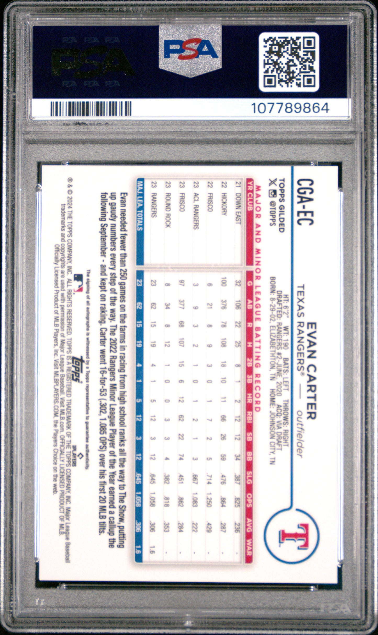2024 Topps Gilded Collection Chrome Gold Auto Evan Carter #CGAEC Blue /50 PSA 9