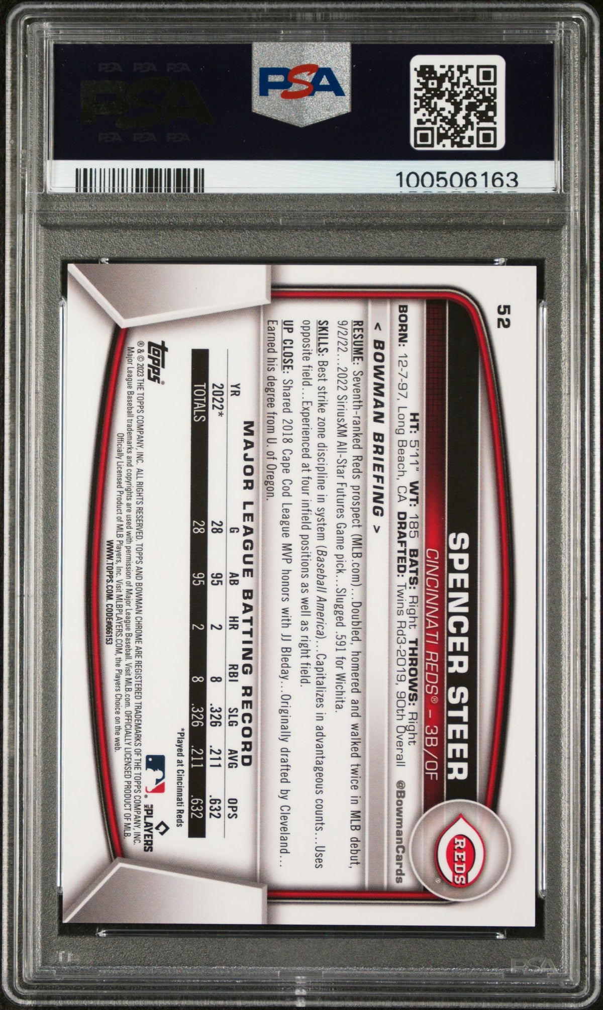 2023 Bowman Chrome Sapphire Edition Spencer Steer #52 Orange 15/75 PSA 10