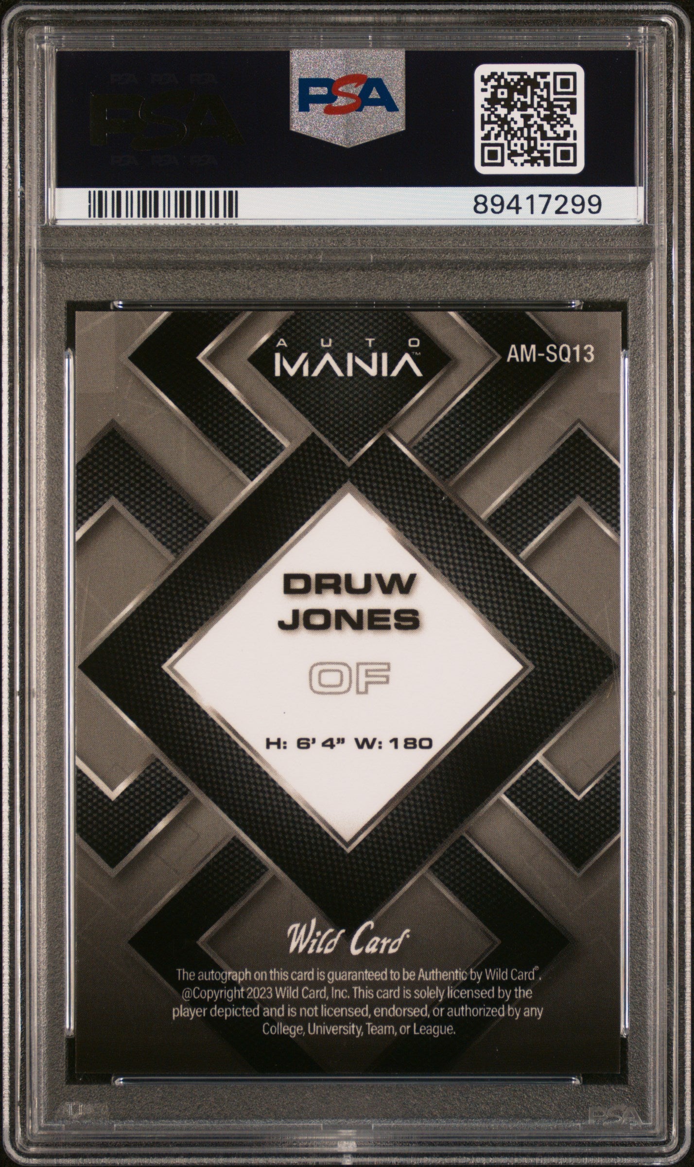 2023 Wild Card Auto Mania Auto Druw Jones #AMSQ13 SQR Red 1/10 PSA 10