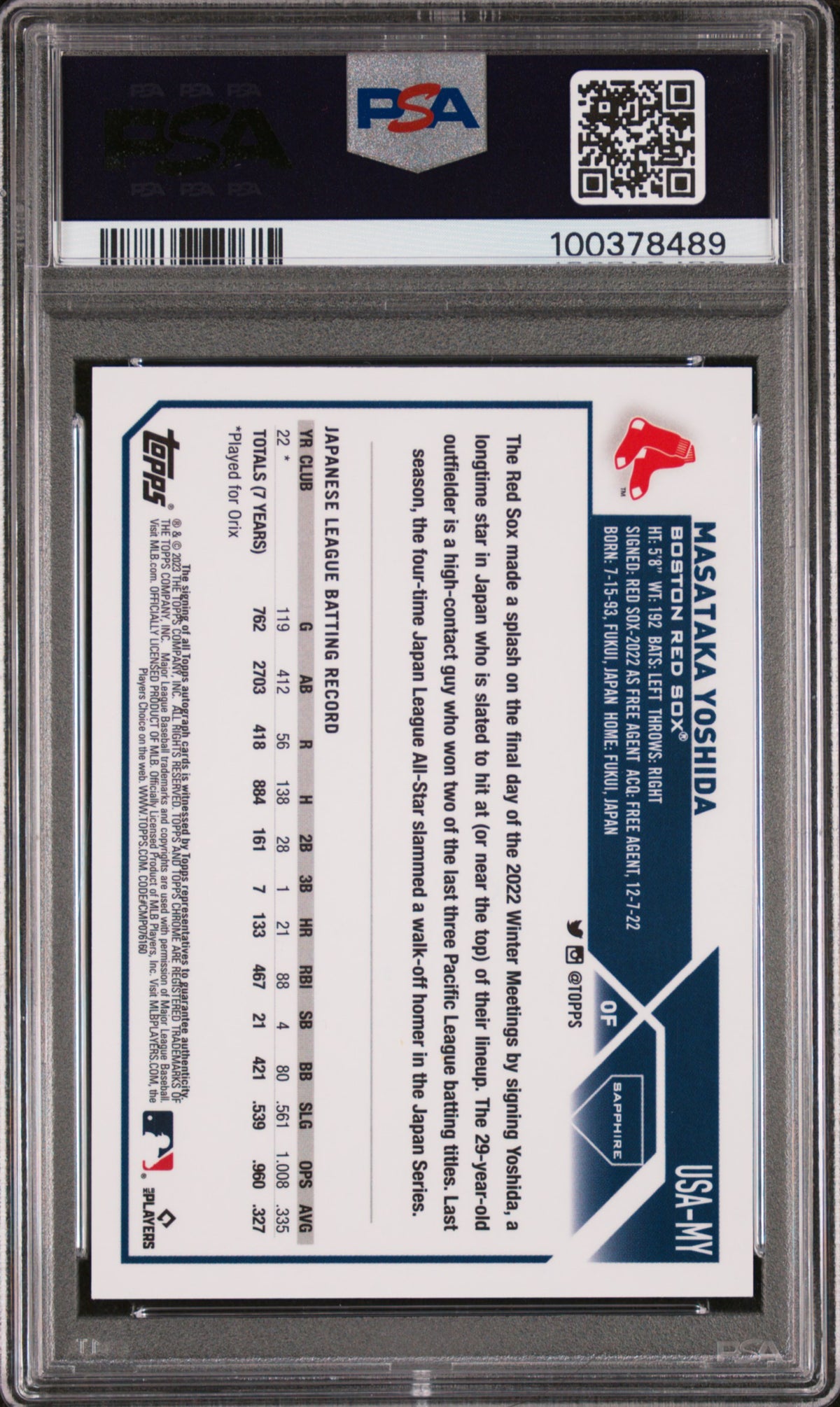 2023 Topps Chrome Update Sapphire Auto Masataka Yoshida #MY Green /99 PSA