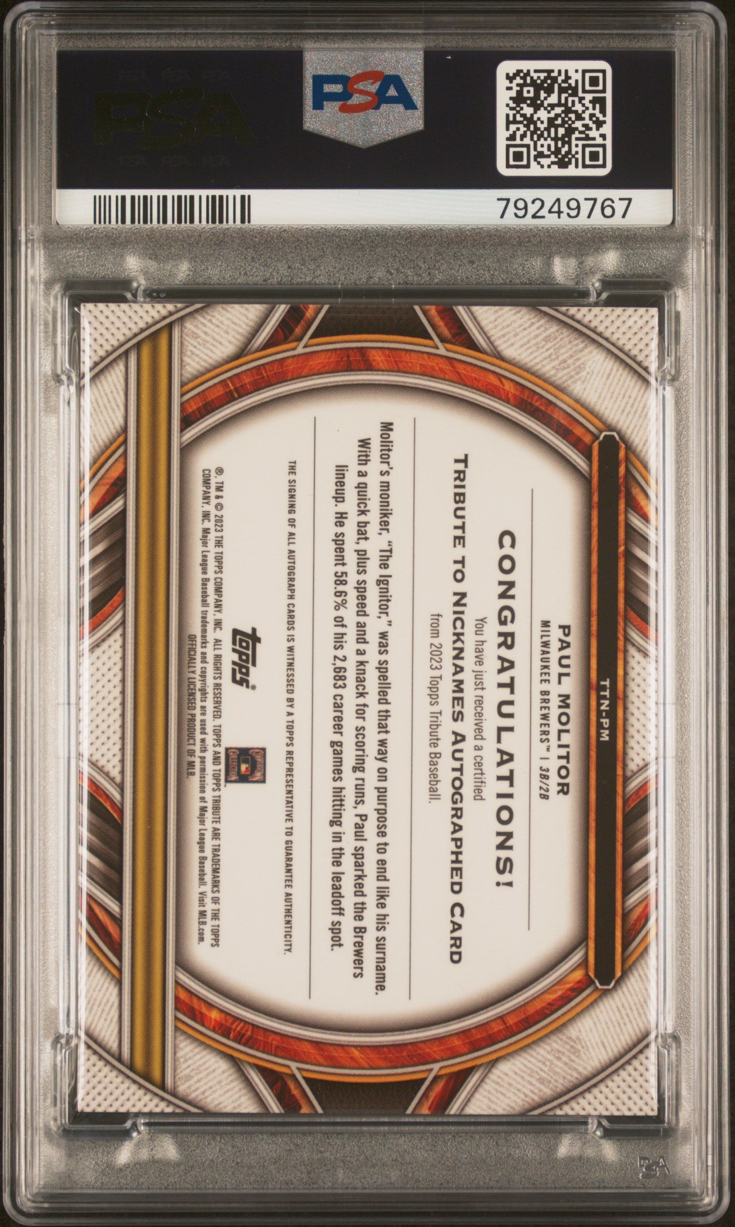 2023 Topps Tribute Tribute To Nicknames Auto Paul Molitor #TTNPM PSA 9