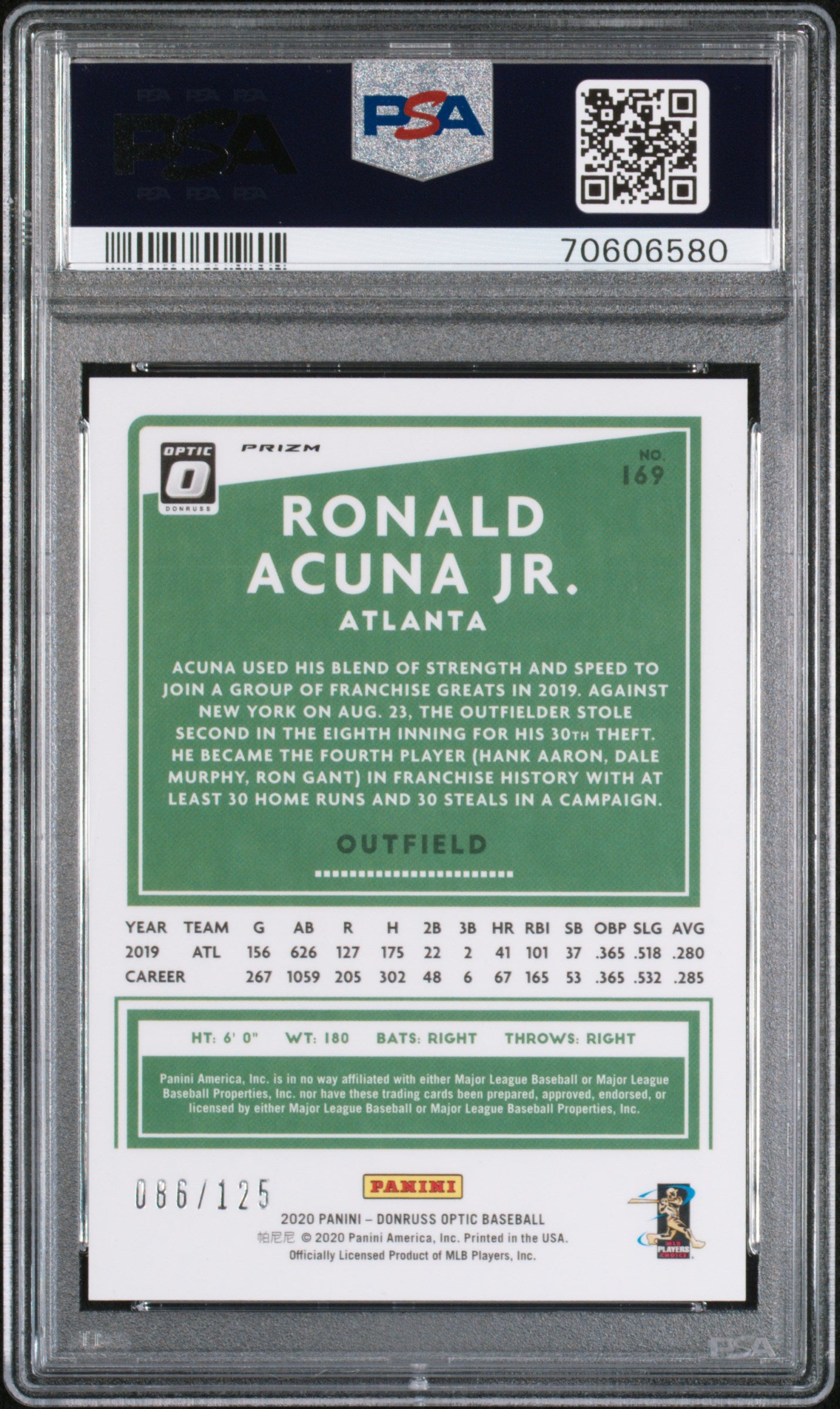 2020 Panini Donruss Optic Ronald Acuna JR. #169 Black Stars PSA 10