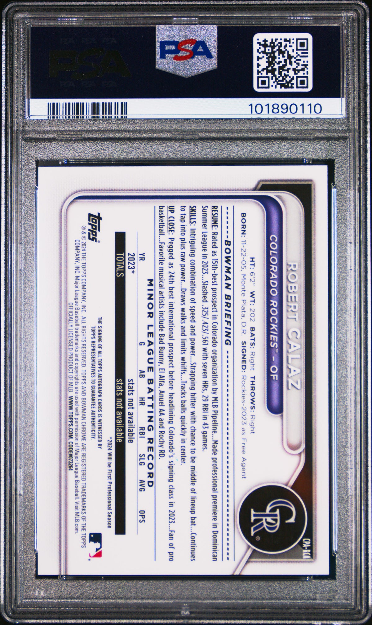 2024 Bowman Chrome Prospect Auto Robert Calaz #CPARCA Orange Ref /25 PSA 9