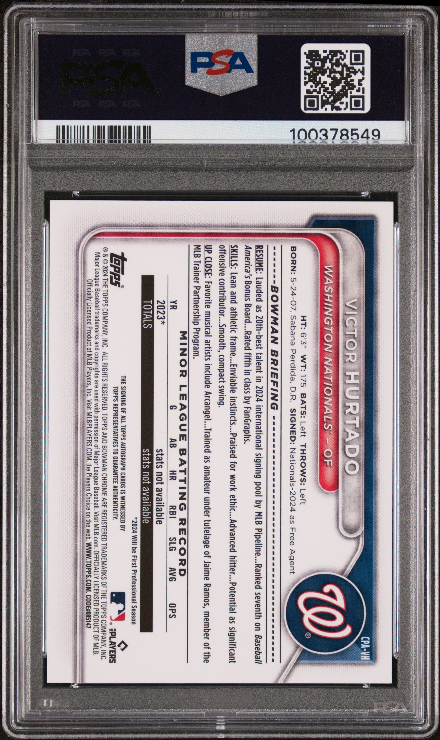 2024 Bowman Chrome Prospect Autographs Victor Hurtado #CPAVH Green Lava PSA 10