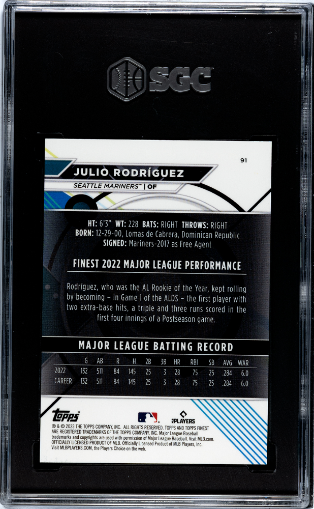 2023 Topps Finest Julio Rodriguez #91 Green Speckle Refractor SGC 10