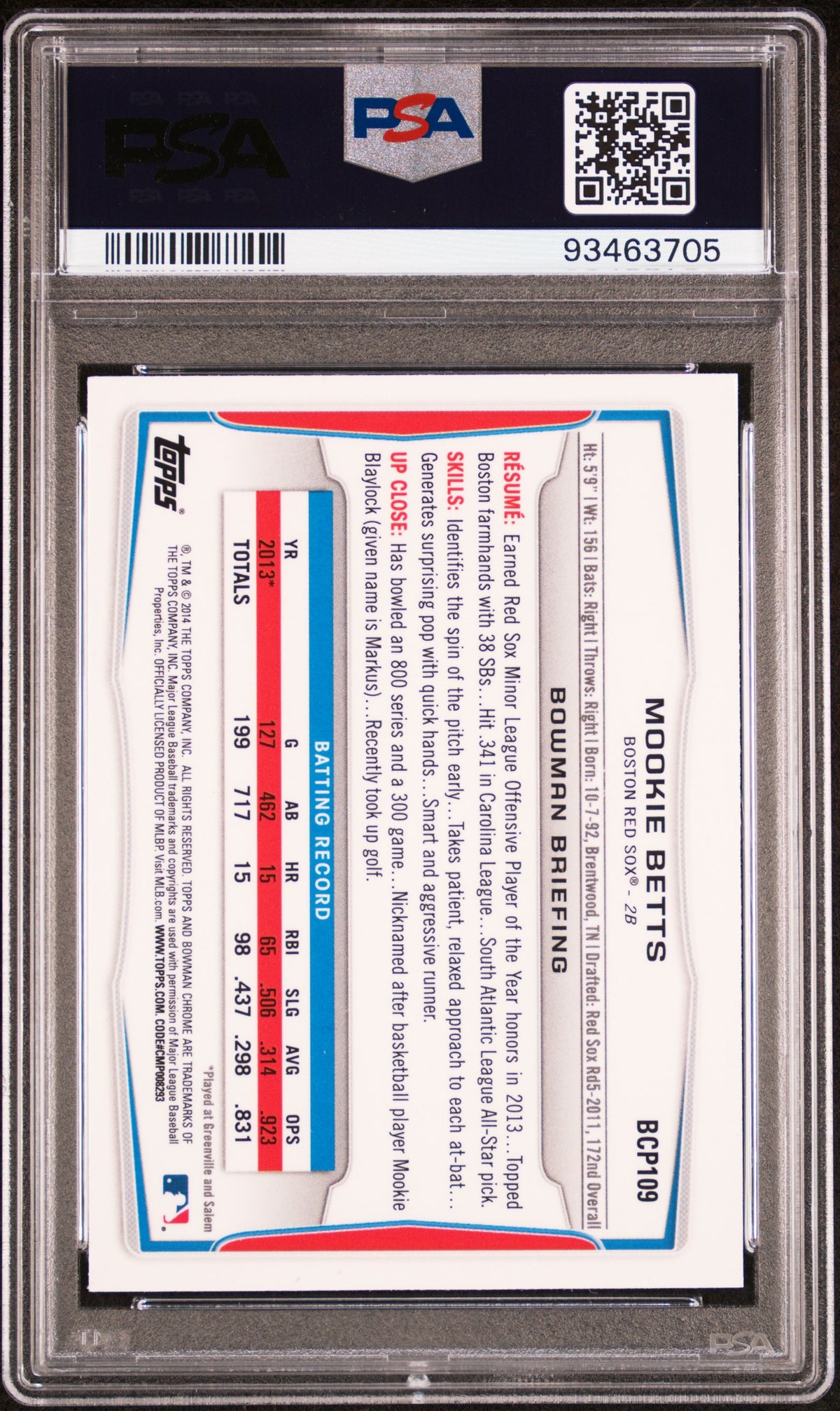 2014 Bowman Prospects Mookie Betts #BCP109 Chrome PSA 9