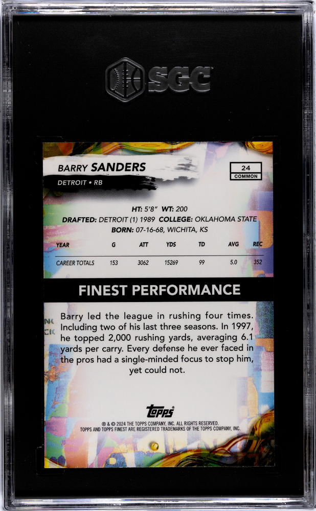 2024 Topps Finest Barry Sanders #24 Sky Blue Refractor SGC 10