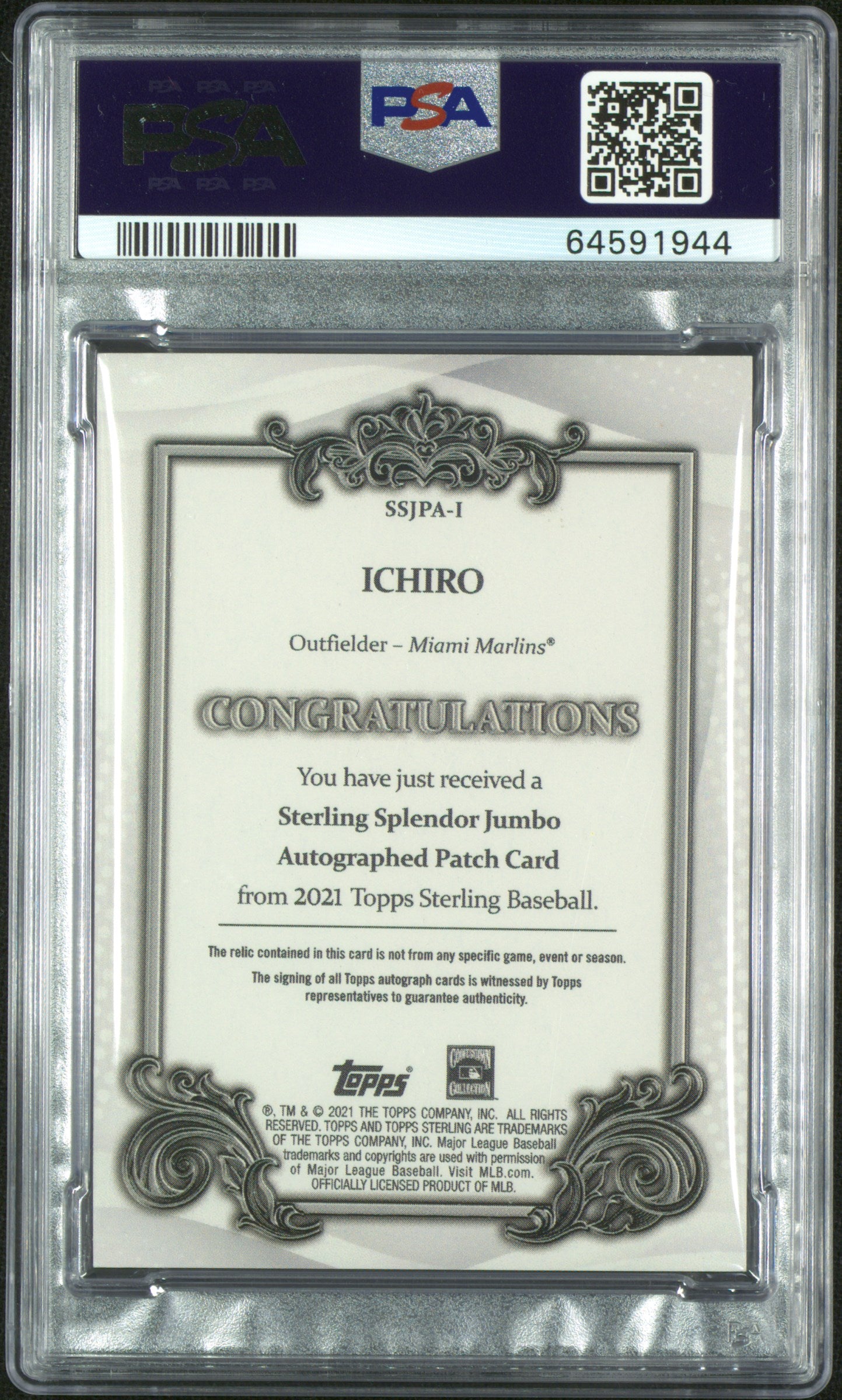 2021 Topps Sterling Splendor Jumbo Autographed Patch Ichiro 1/6 PSA
