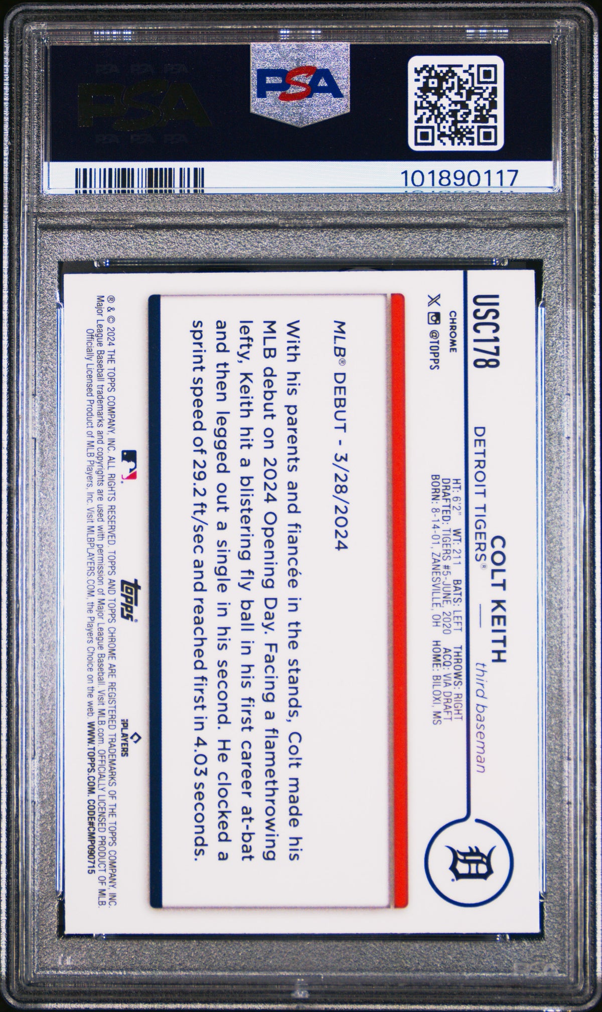 2024 Topps Chrome Update Colt Keith #USC178 Purple Refractor PSA 9