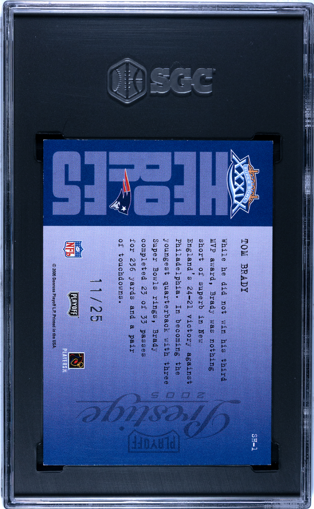 2005 Prestige Tom Brady #SH-1 Super Bowl Heroes Auto Holofoil SGC 8 Auto 10
