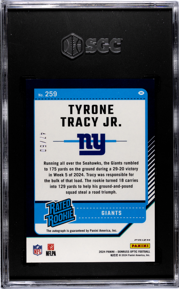 2024 Donruss Optic Tyrone Tracy JR. #259 Pink Velocity Prizm SGC 9 Auto 10