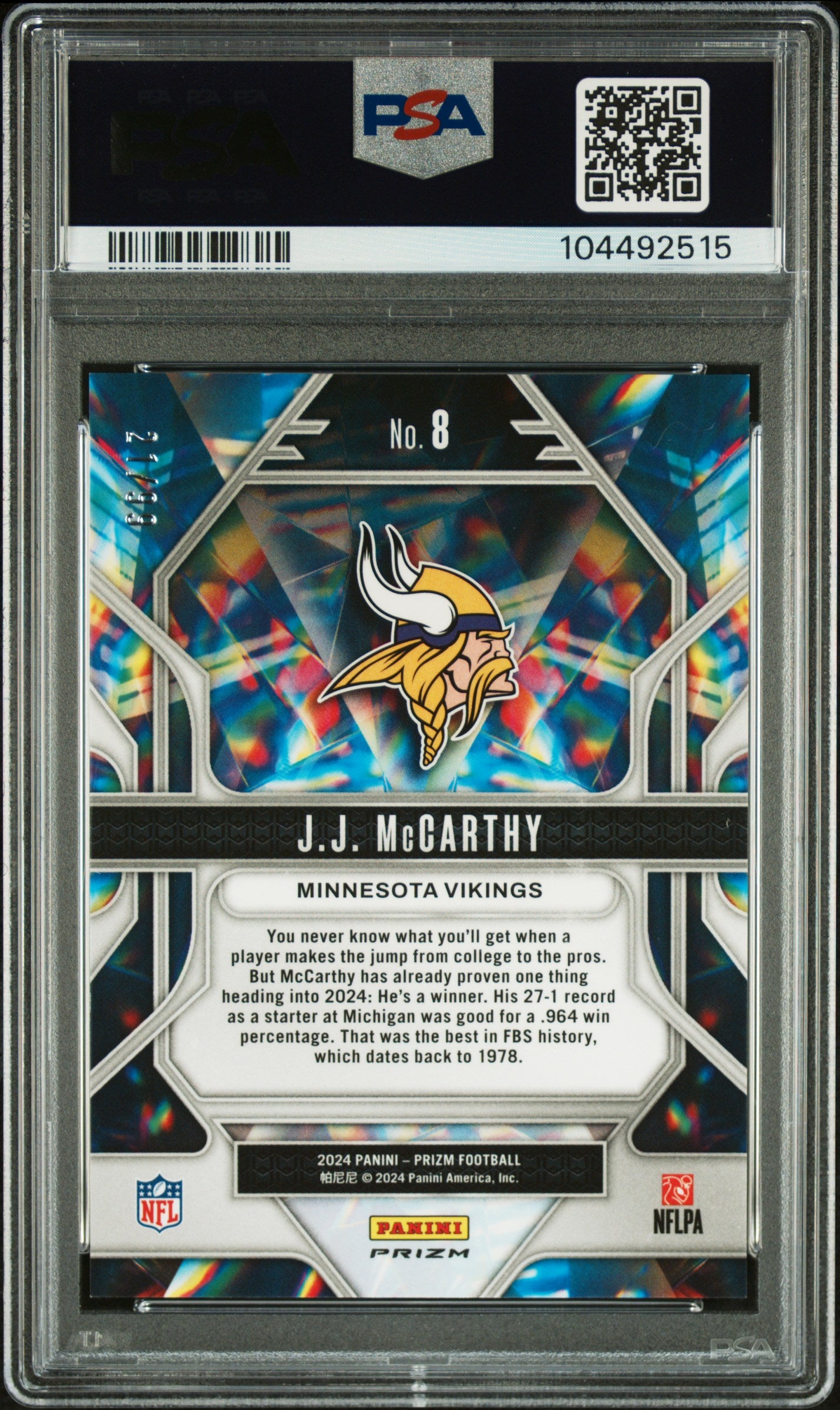 2024 Panini Prizm Prizmatic JJ Mccarthy #8 Blue Ice PSA 10