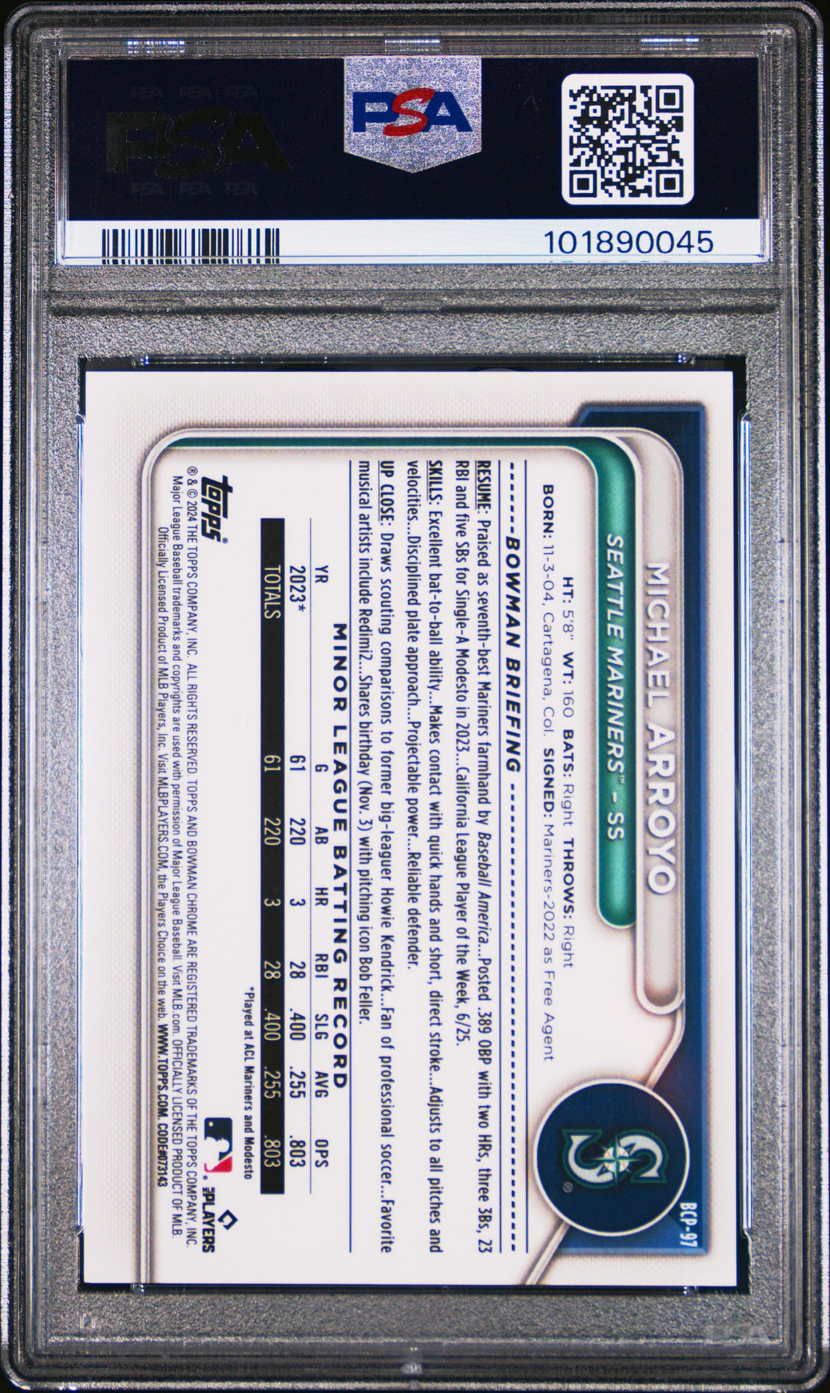 2024 Bowman Sapphire Chrome Prospects Michael Arroyo #BCP97 Yellow 12/75 PSA 9