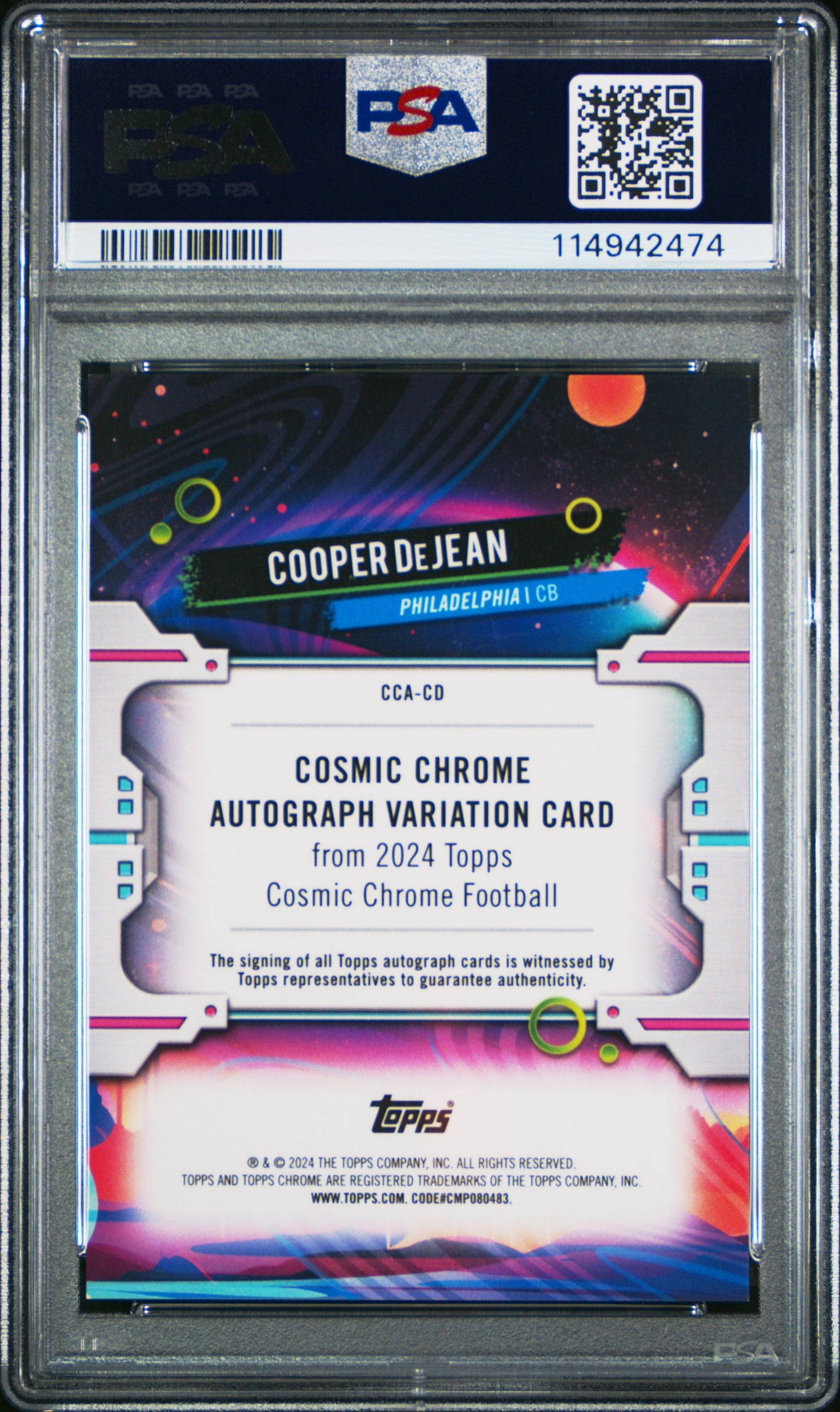 2024 Topps Cosmic Cosmic Chrome Auto Cooper Dejean #CD Black Eclipse /10 PSA 9