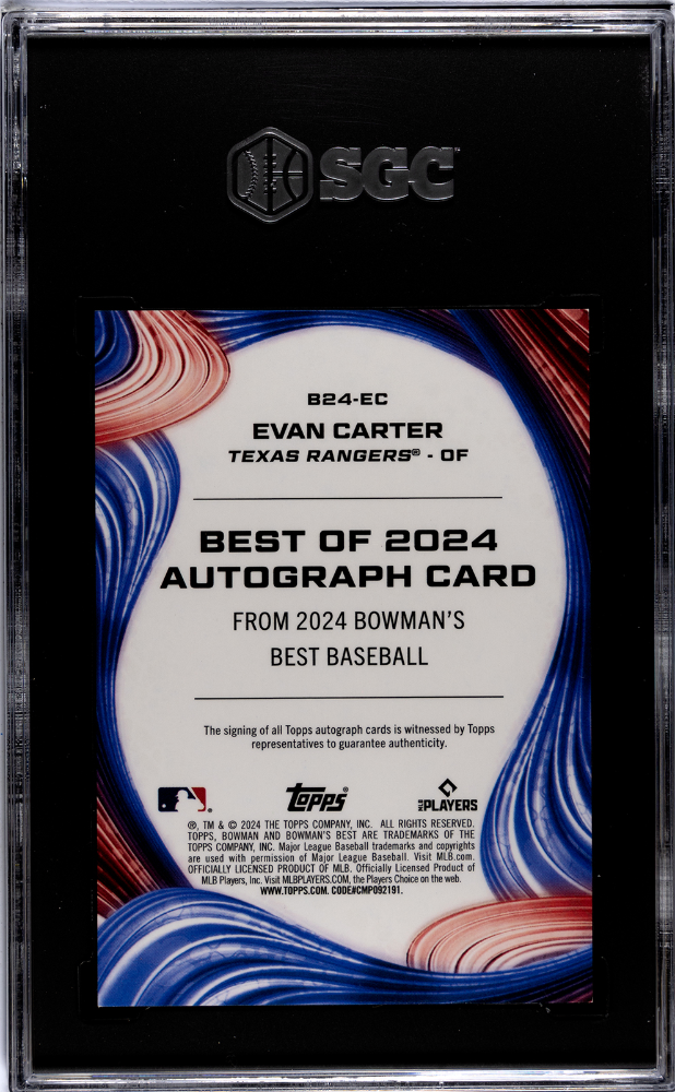 2024 Bowman's Best Evan Carter #B24-EC Of '24 Blue Refractor SGC 9 Auto 10
